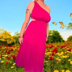 Anrabess One-Shoulder Hot Pink Sleeveless Midi Dress Medium Babydoll Y2K